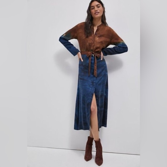 Cloth Stone Ombre Blue Brown Perla Tie-Dye Belted Kimono Maxi Dress - Picture 3 of 11